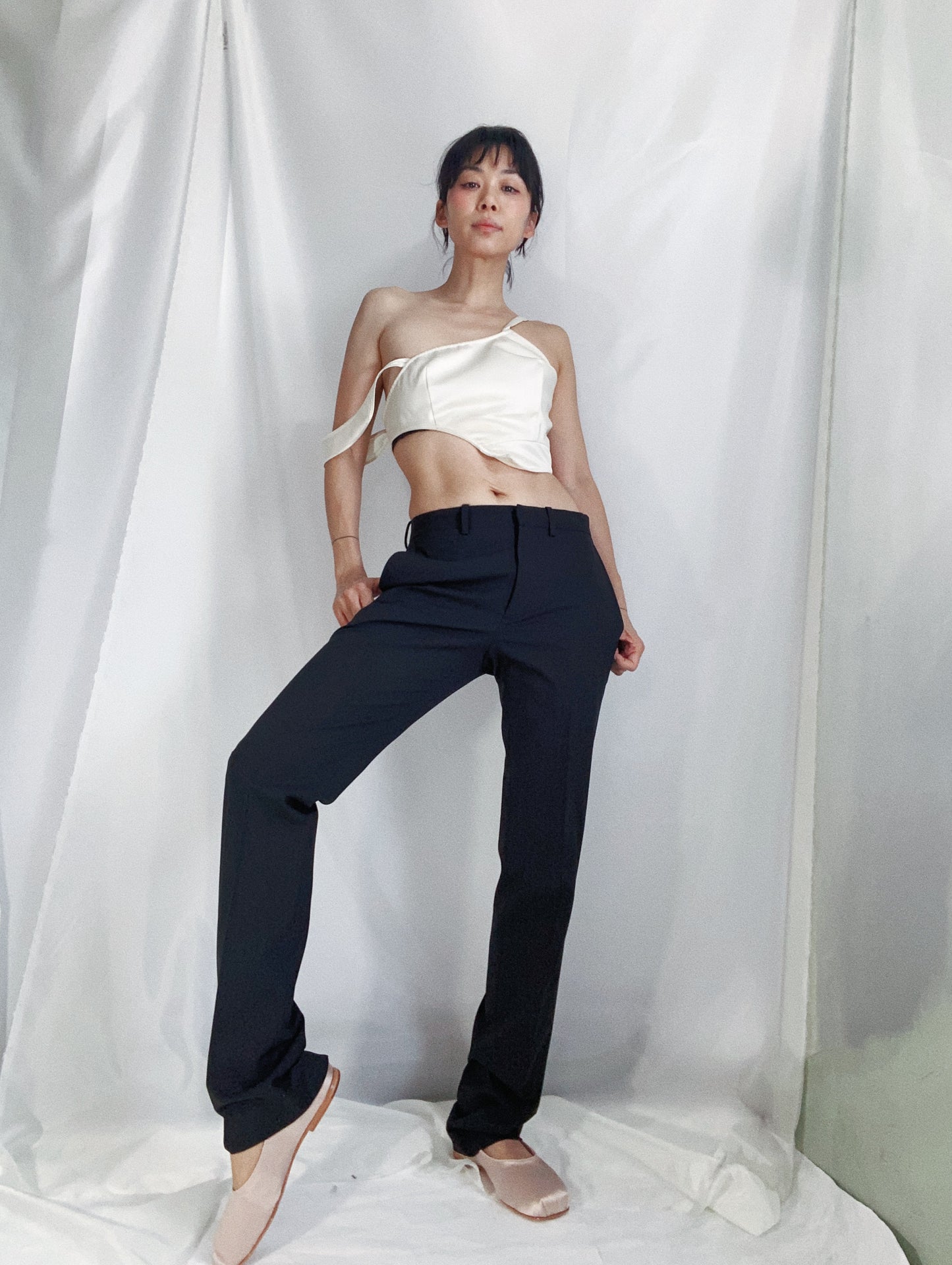 Asymmetrical Crop Top in White Sateen